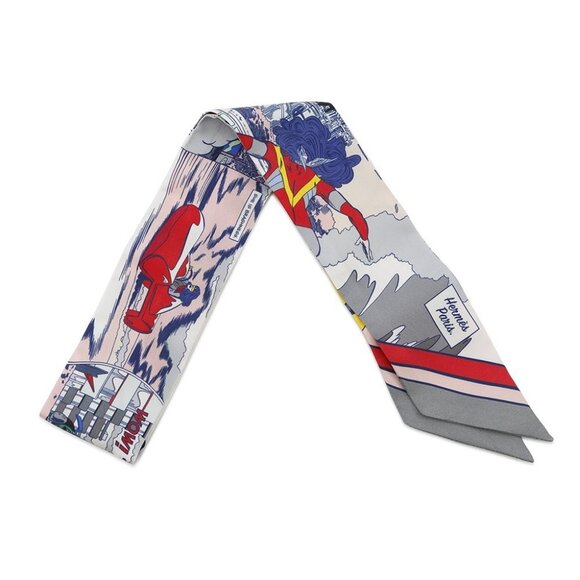 HERMES Twilly WOW Silk100% Gris/Rose/Vert - Picture 2 of 11